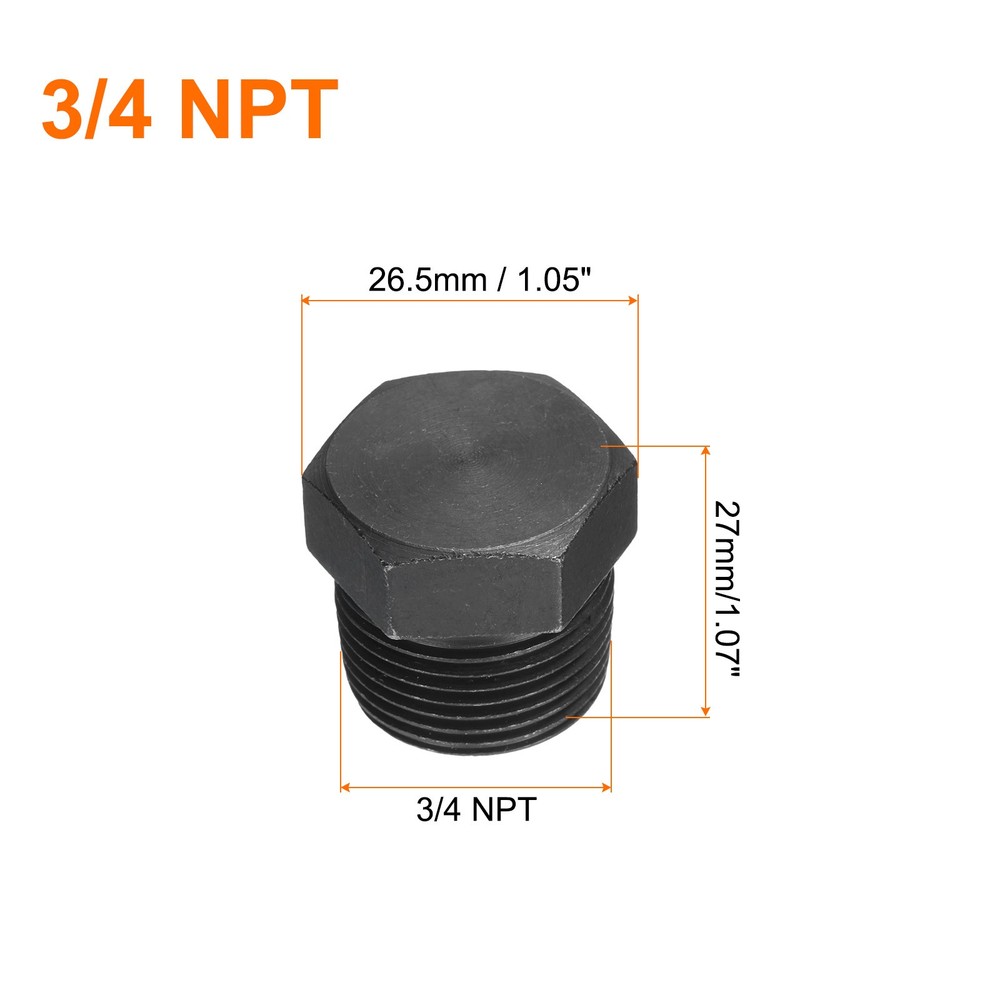 3/4 NPT Male Outer Head Hex Thread Socket Pipe Plug Fitting, 5Pcs, Black
