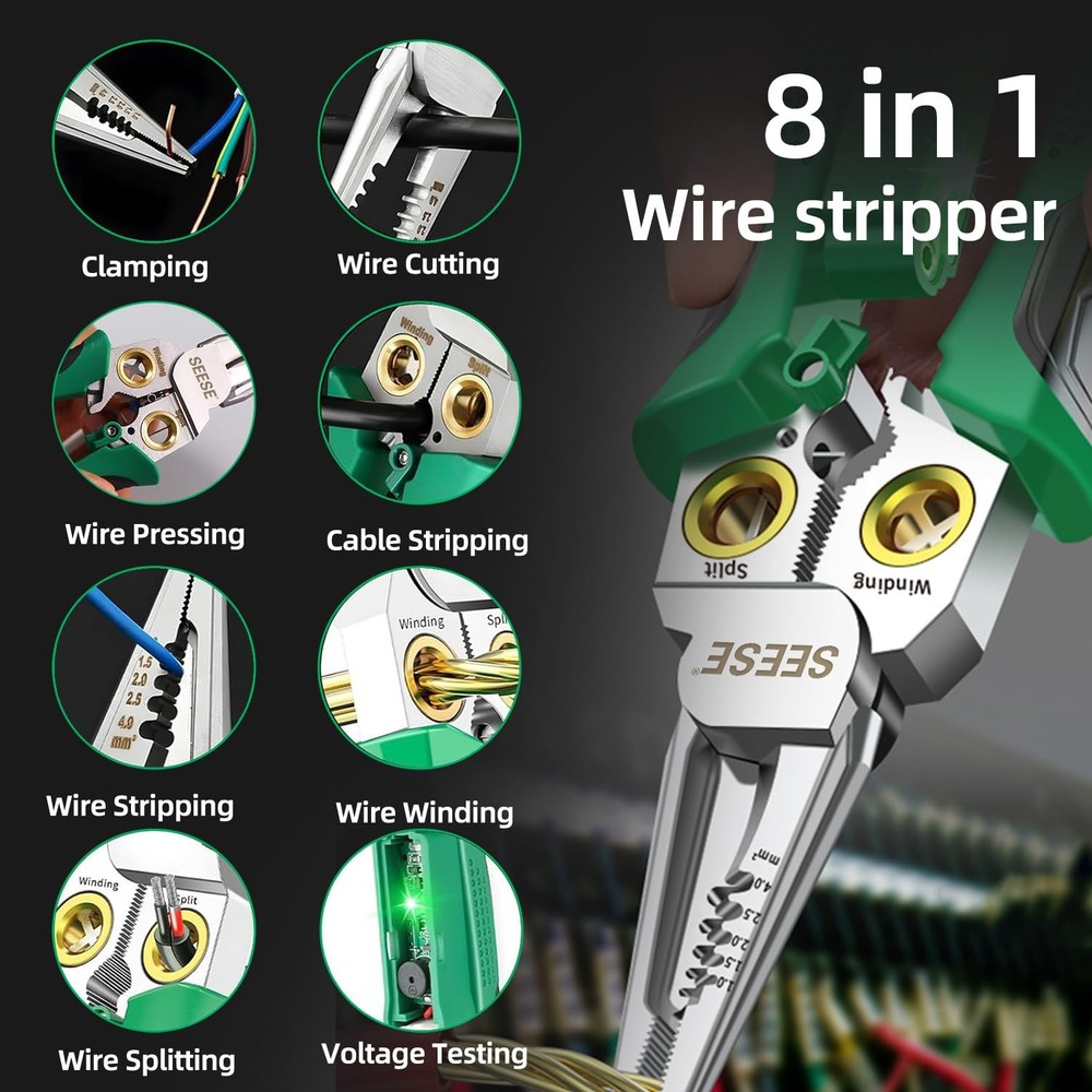 SEESE 8-in-1 Wire Stripper Pliers: Compact Portable Multi-Function Green