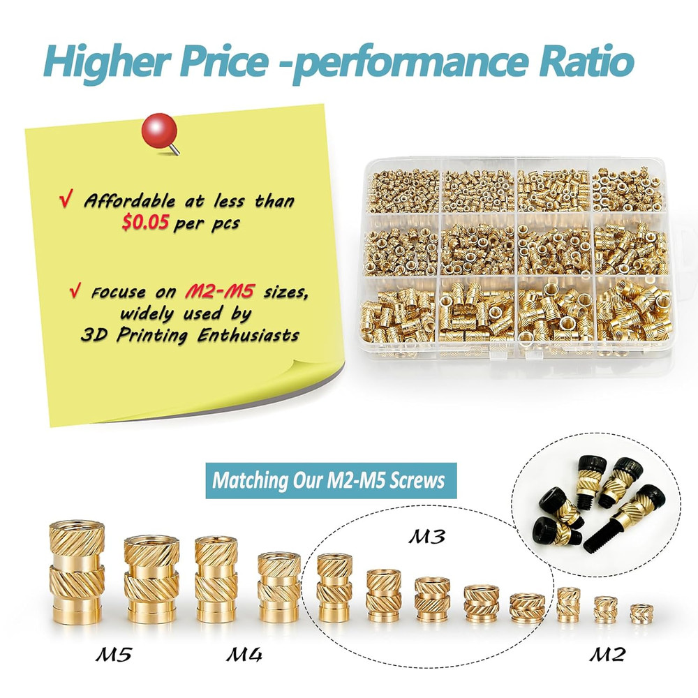 520Pcs M2 M3 M4 M5 Threaded Inserts Assortment Kit for 3D Printing Components, M