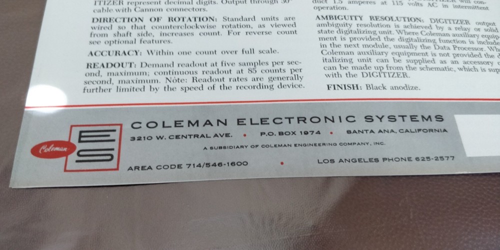 1964 COLEMAN ELECTRONIC SYSTEMS ~ CATALOG 62-B ~ Digitizers