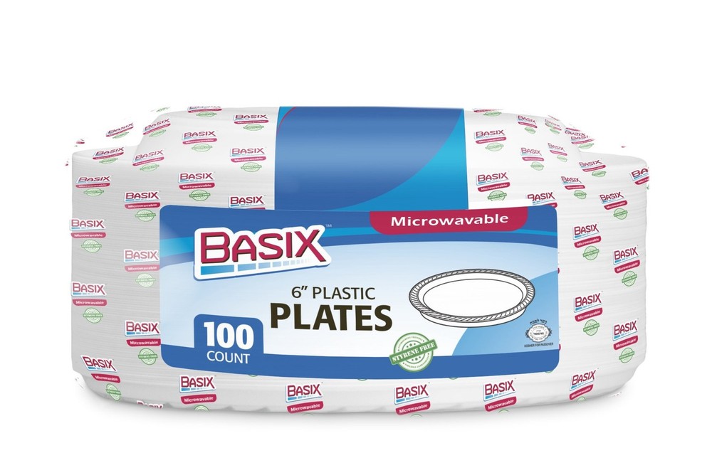 Basix 100 Count Disposable Plastic Plates Microwave Safe 6-Inch, White 1 Pack