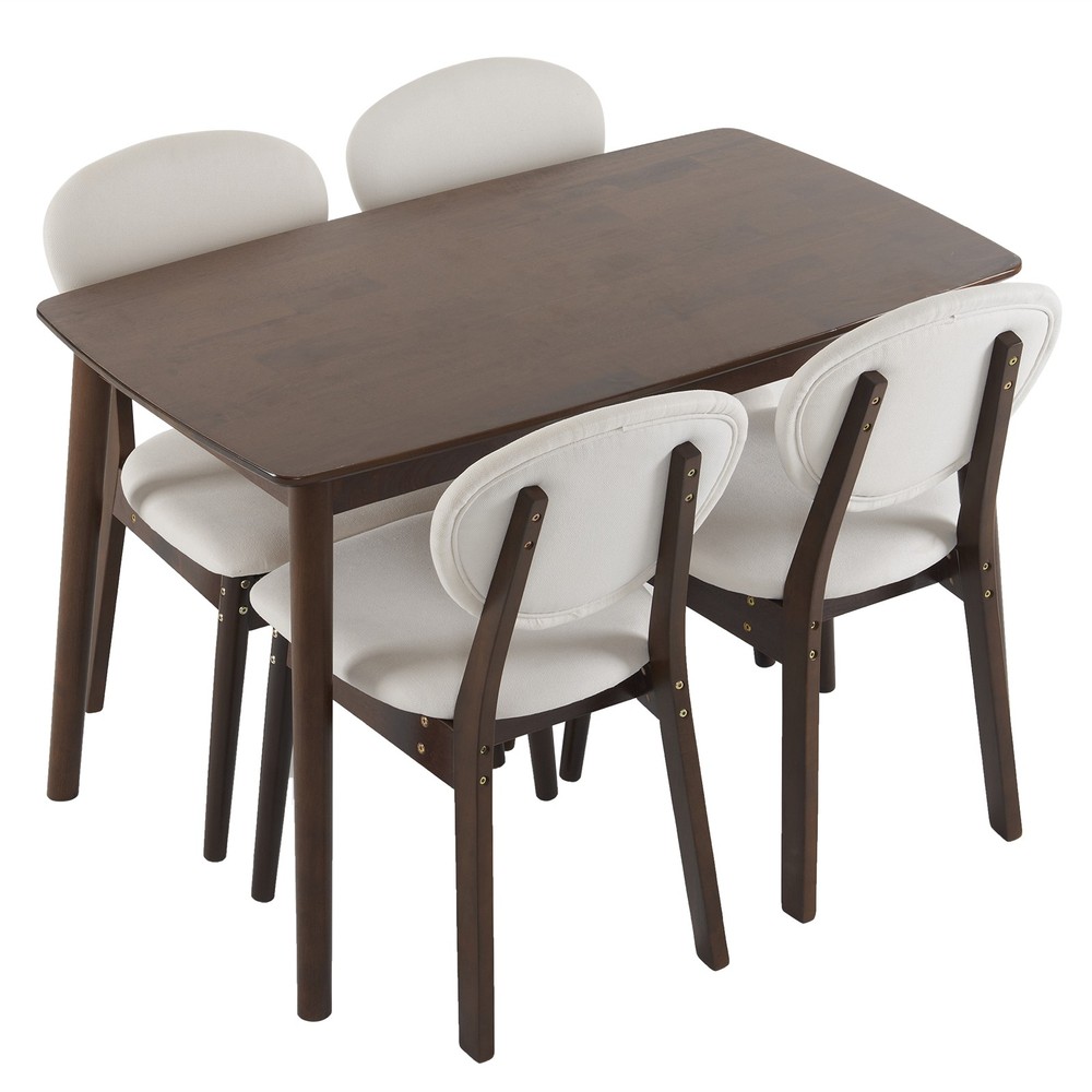 5pc Solid Wood Dining Set Deep Walnut Table & 4 Beige Padded Chairs Space-Saving