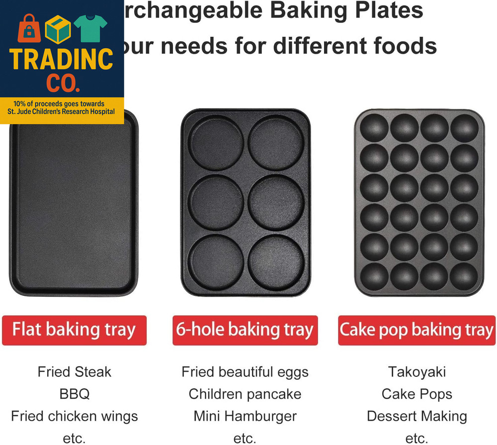 Multifunction Nonstick Baking Maker with 3 Interchangeable Baking Plates for Fri