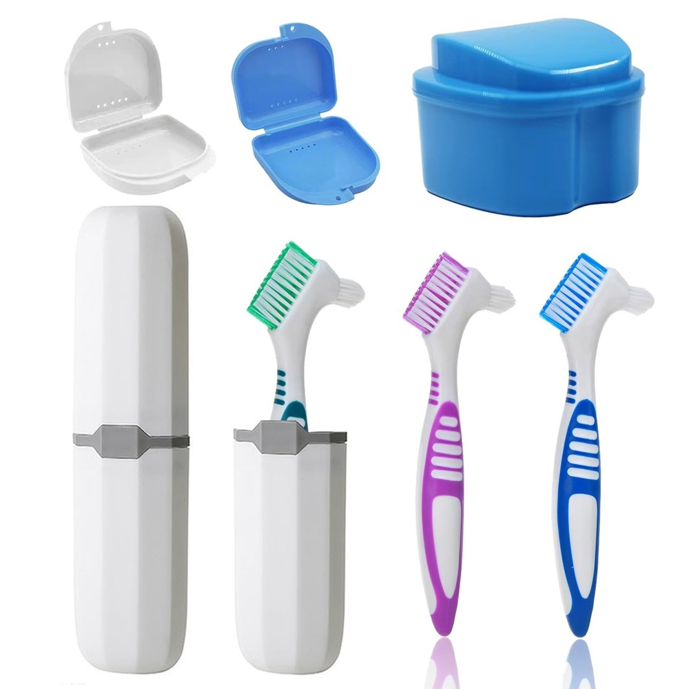 7PCS Denture Bath Case Cup Kit Denture Brush Kit False Teeth Cleaning Tools w...