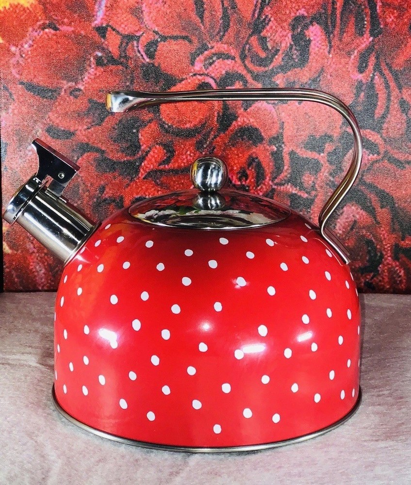 Enameled Stainless Steel Whistling Red Polkadotted Tea Kettle 2.5 Qt. Unused.😍