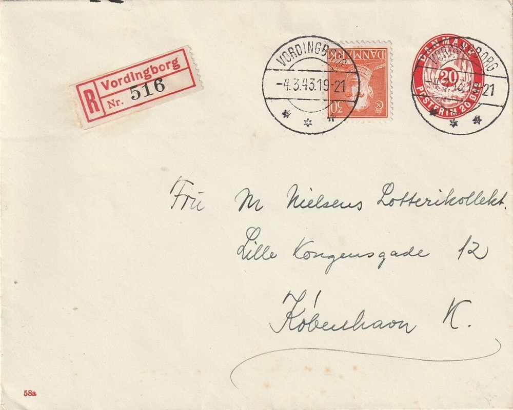 DENMARK: Registered postal stationery cover Vordingborg 1943.