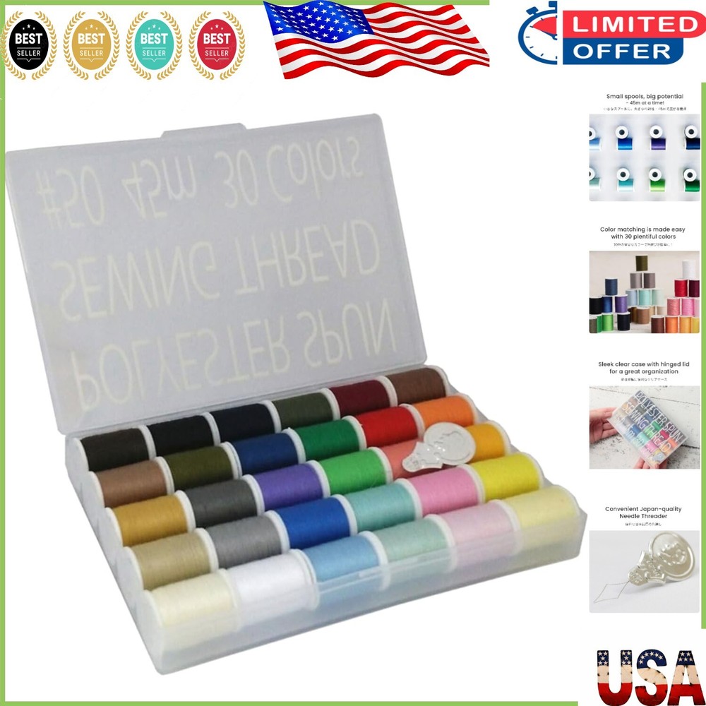 Compact 30-Color Sewing Thread Kit with Quality Needle Threader - 45m Spools