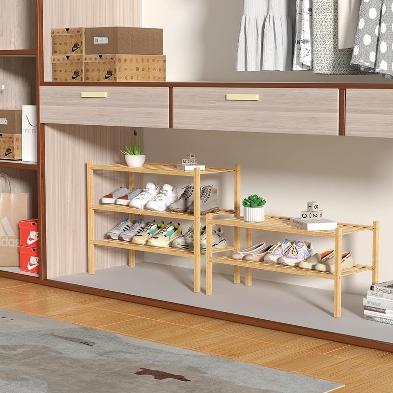 Stackable Bamboo Shoe Rack 3 Tier Entryway Organizer Durable Storage Shelf New