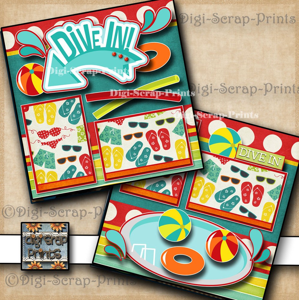DIVE IN POOL 2 premade scrapbook pages paper  layout printed DIGISCRAP A0552