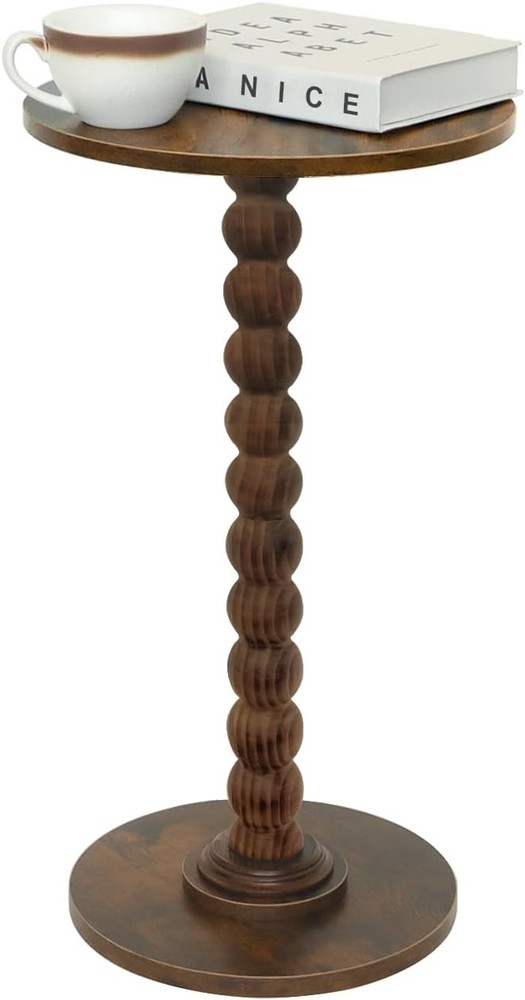 Round Side Table Modern Accent Nightstand with Solid Wood Leg Rustic Brown