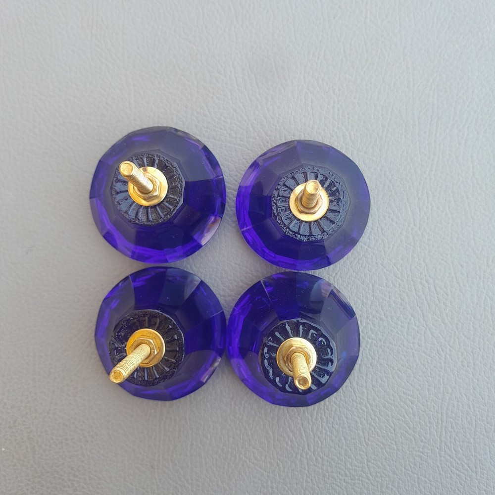vtg blue victorian diamond cut glass drawer knob handle pull 4PC