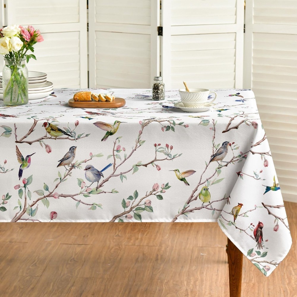Spring Summer Tablecloth 60x84 Inch Rectangular, Birds Branch Floral Table Co...