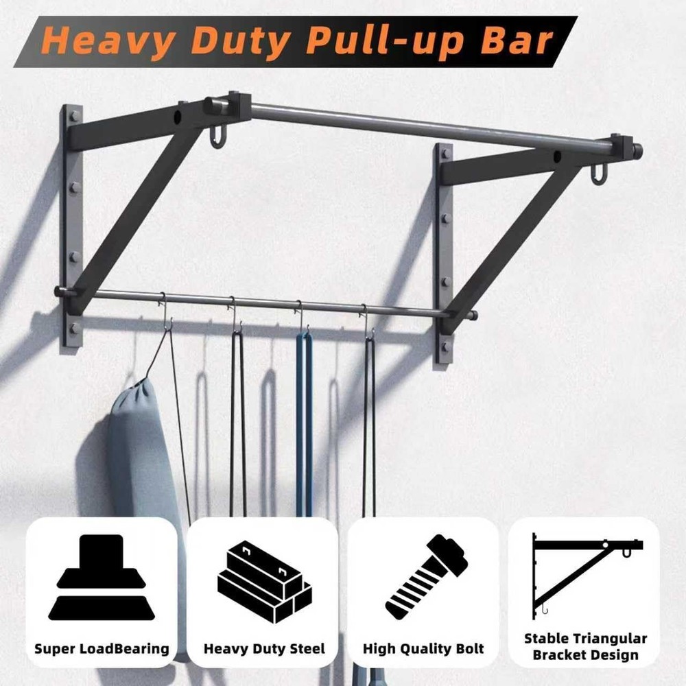 Wall Mounted Pull Up Bar, Strength Training Chin Up Bar with Hooks, Adjustabl...
