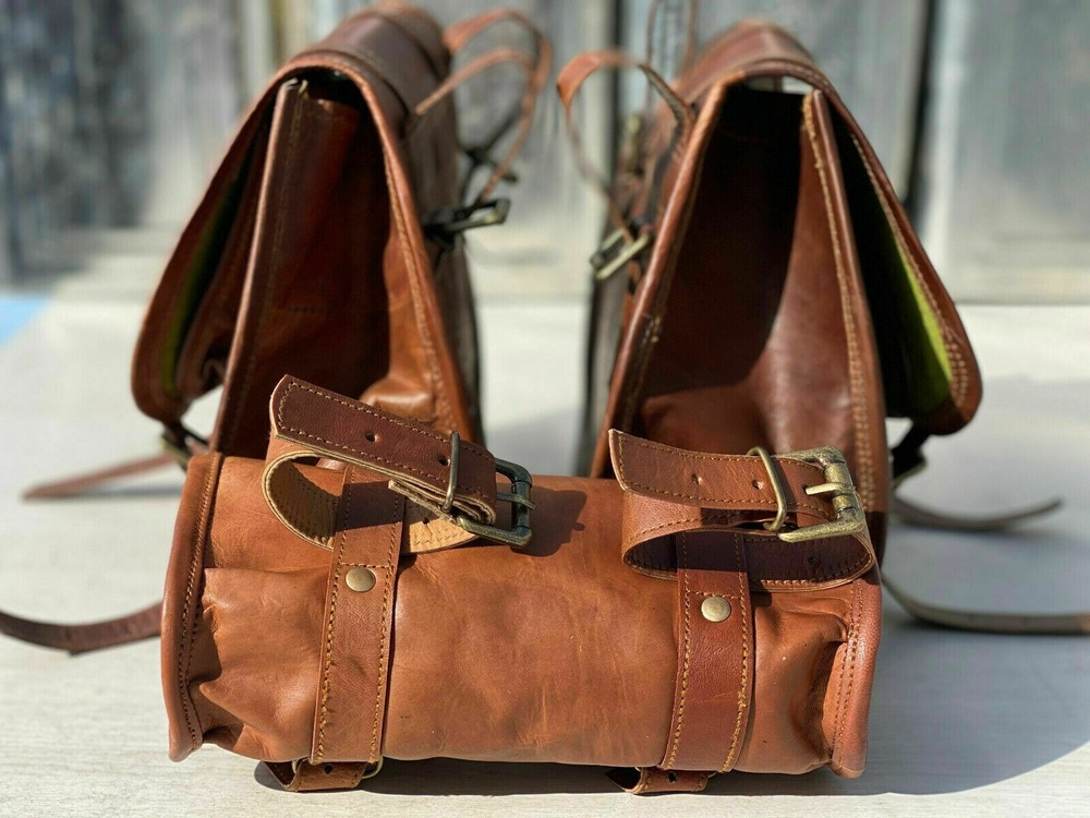 Combo 3 Leather Bag New Motorcycle Two Saddle Side Bag One Front Fork Tool Pouch