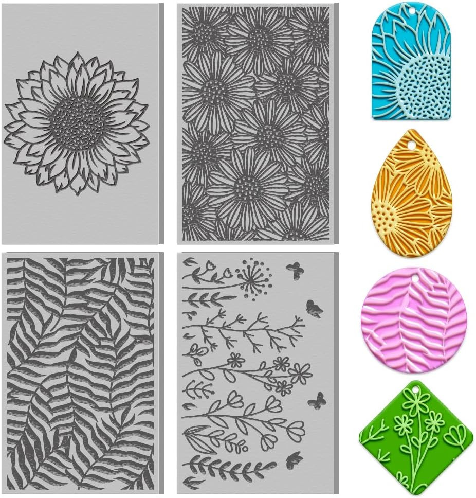 4PCS Polymer Clay Flowers Leaves Texture Sheets Set for Using with Clay Cutters,