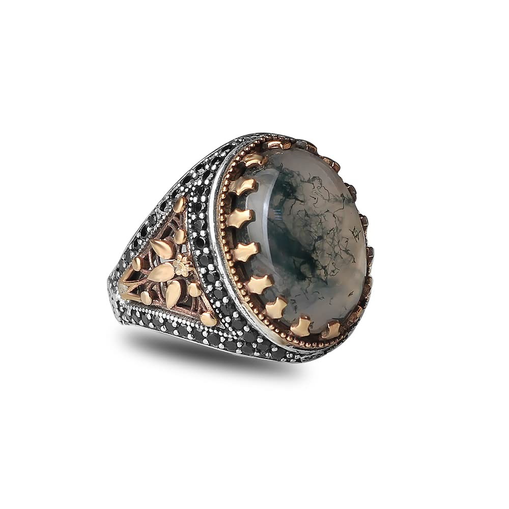 Moss Agate Men's Silver Ring, Handmade Moss Agate Stone Silver Ring for Men,