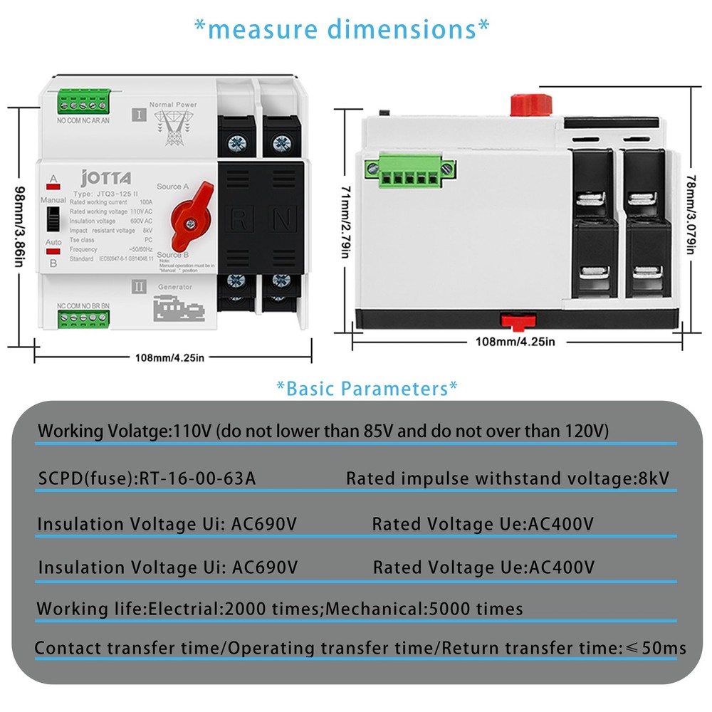 Dual Power Automatic Transfer Switch 2P 100A 110V PC Type Electrical Selector