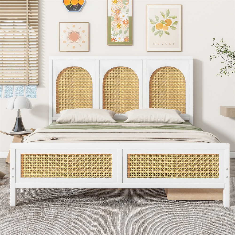 Full Size Bed Frame Wood Platform Bed Frame w/ Headboard & 2 Drawer White