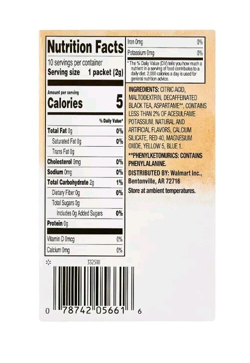 6 Boxes - Great Value Iced Tea with Peach Drink Mix Decaffeinated 60 Packets