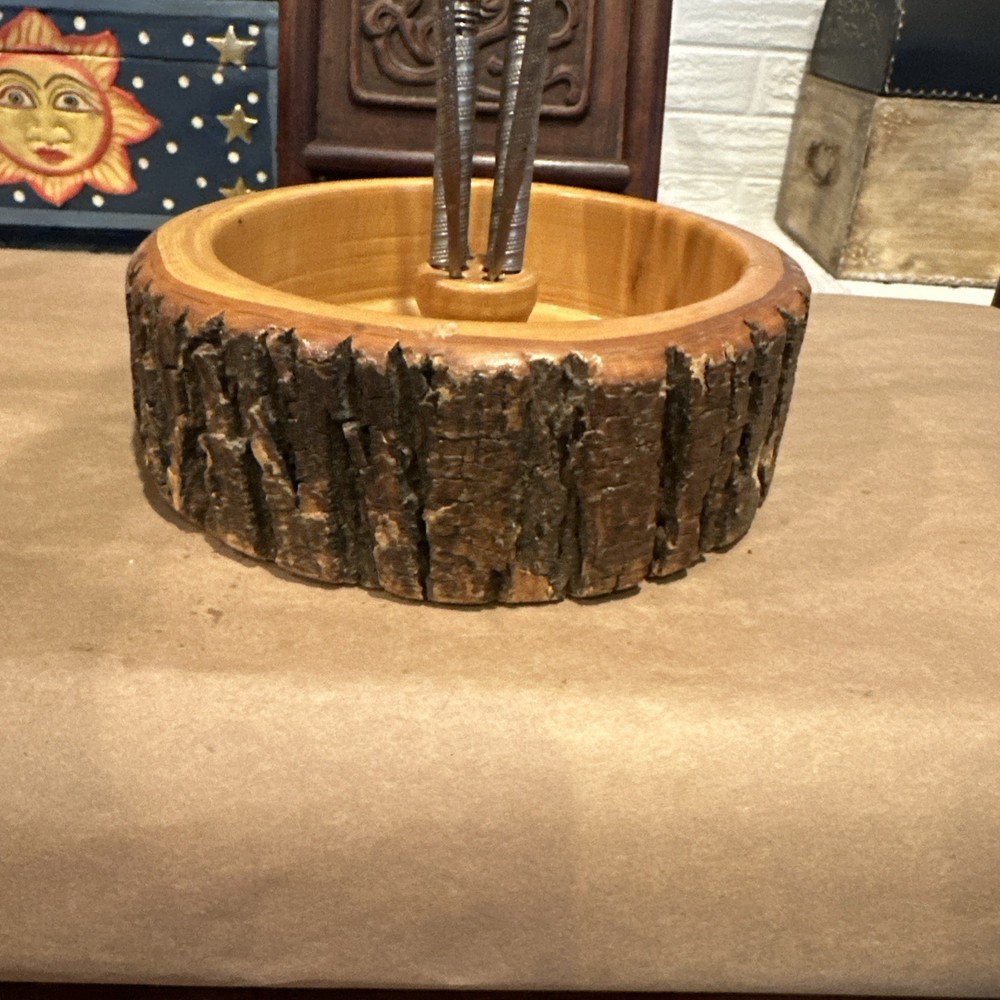 Vintage Nut Bowl Rustic Edge Tree Bark Set with 1 Nutcracker & 4 Picks