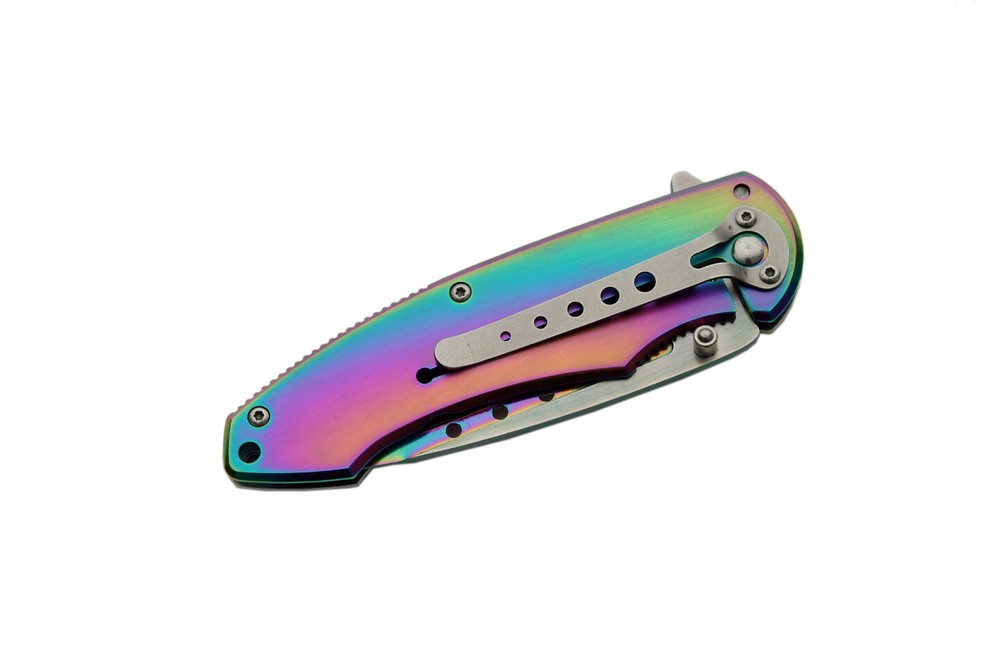 Spring-Assist Folding Knife | Rainbow Wolf Embossed Titanium Oxide Blade/Handle