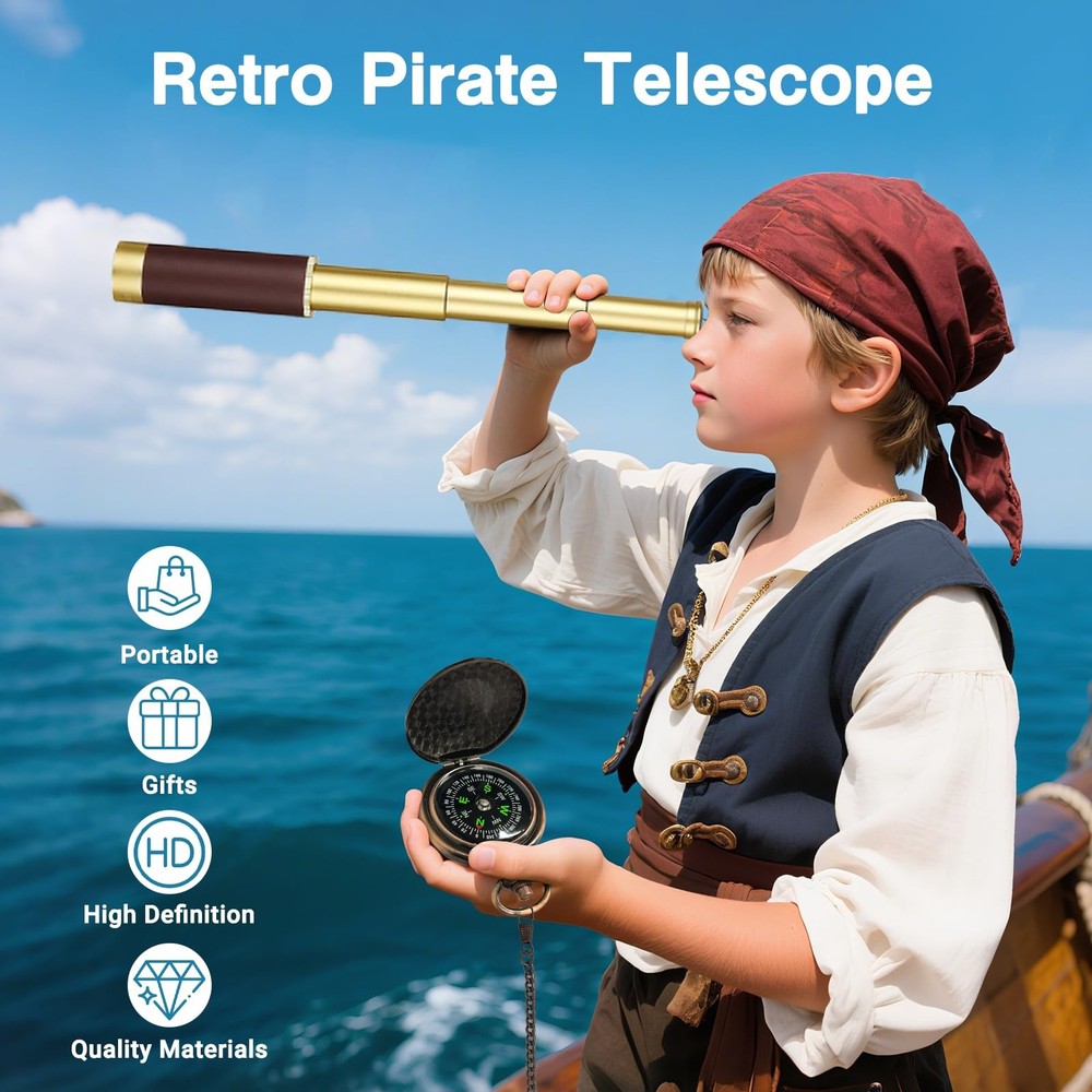 Laupha Retro Pirate Telescope Large, & Classical Compass