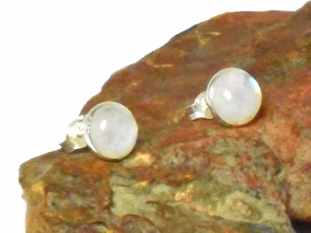Round Rainbow MOONSTONE  Sterling Silver 925 Gemstone Stud Earrings - 8 mm