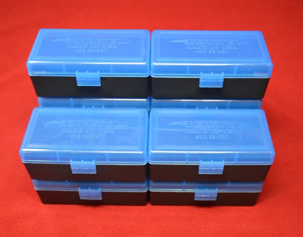 10 x BERRY'S PLASTIC AMMO BOX, BLUE/BLACK 50 Round 357/38 -