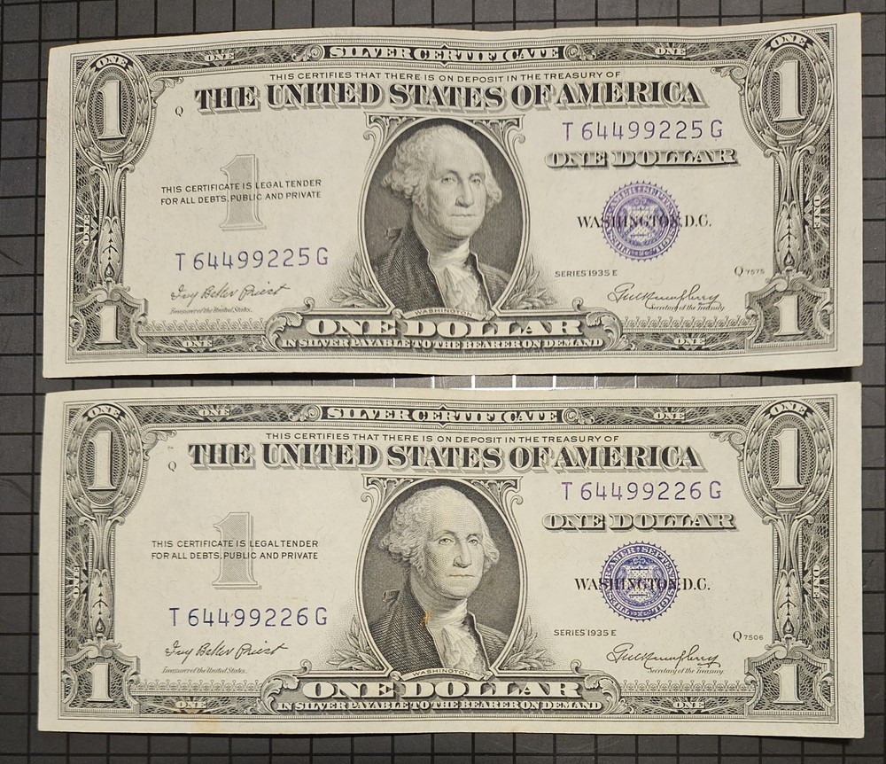 Sequential Silver Certificate Notes Series 1935 consecutive notes No Motto