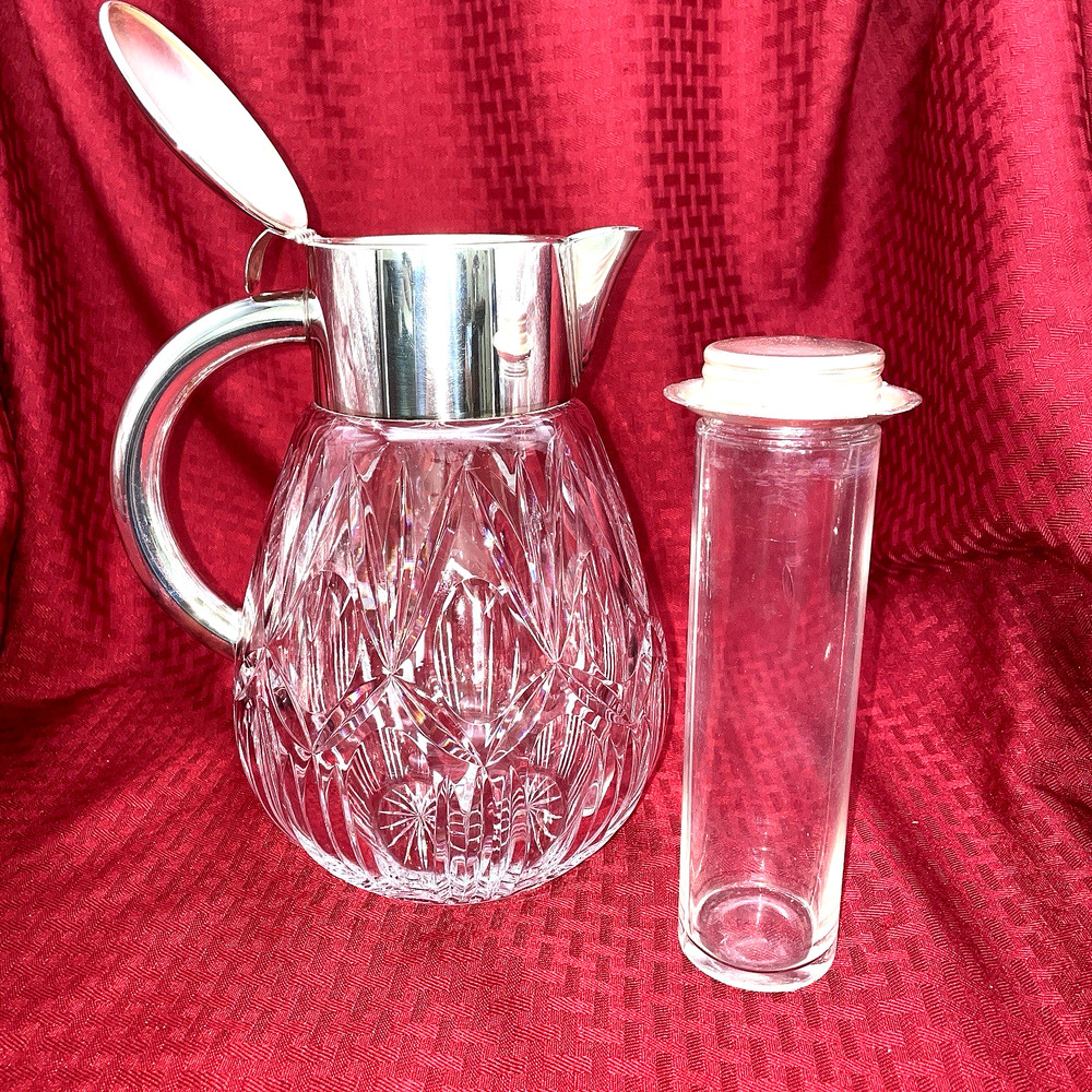 VINTAGE LARGE CRYSTAL COOLING PITCHER SILVER HANDLE AND LID