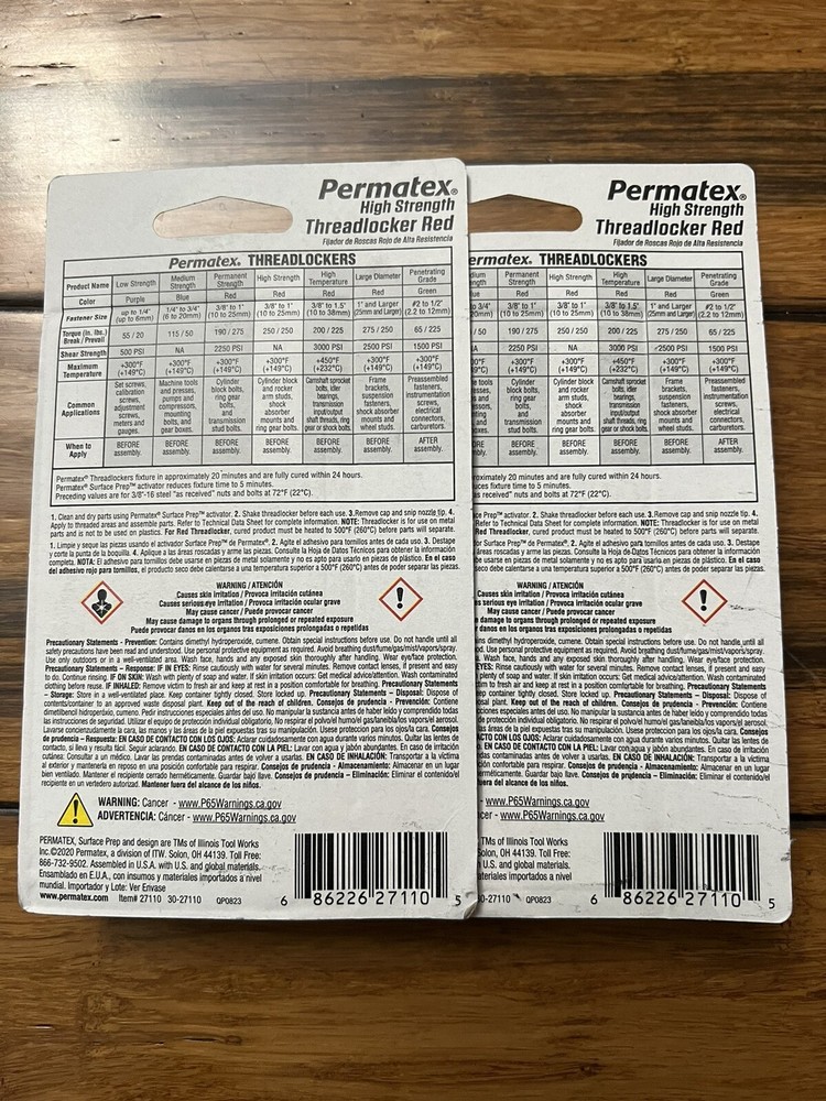 2-Pack Permatex 27110 Threadlocker, High Strength, Red, 10ml