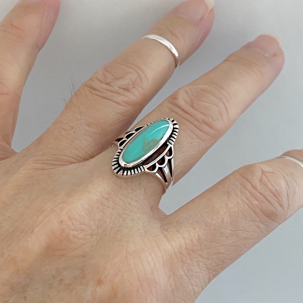 Sterling Silver Etched Oval Synthetic Turquoise Ring, Statement Stone Rings