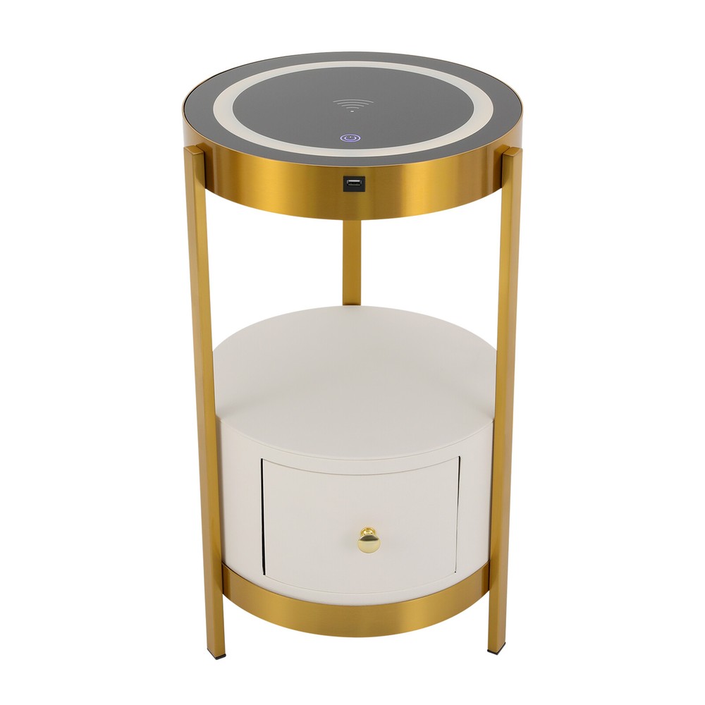 LED Nightstand Bedside Table with Drawers USB & Charging Station End Side Table