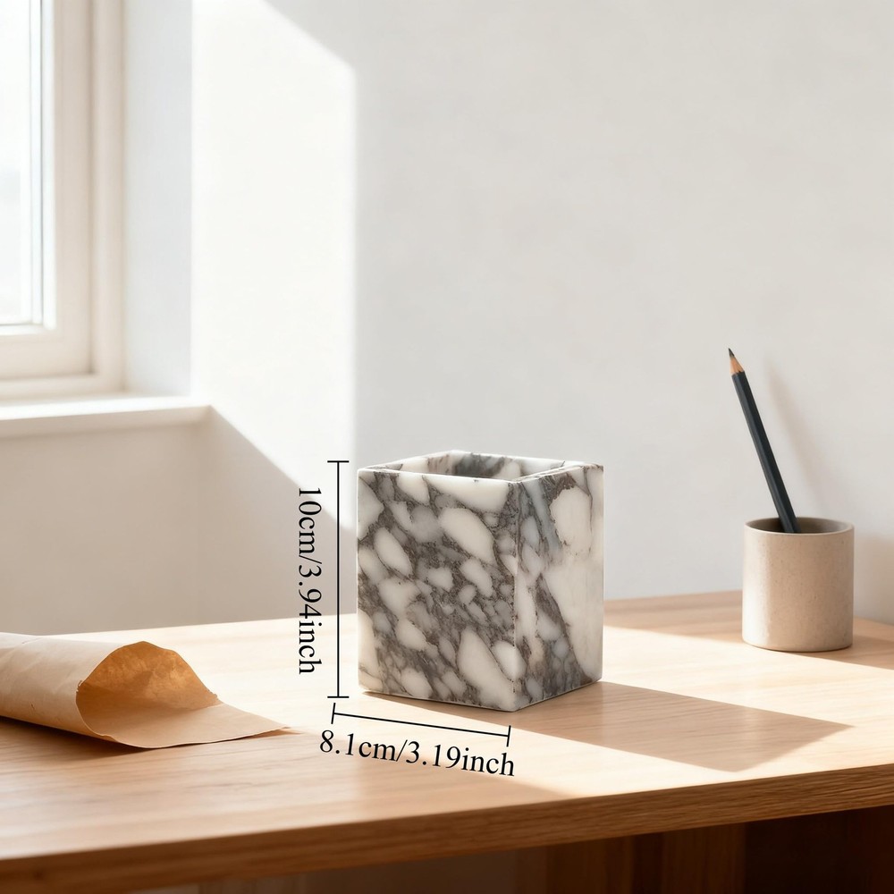 Marble Pen Holder, White Stone Rectangular Desktop Organizer, Office Study Ma...