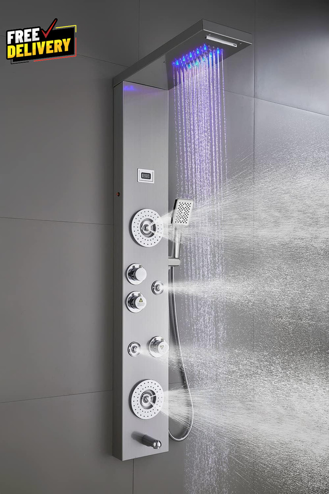 Stainless Steel Shower Panel Tower LED Rainfall Waterfall 6-Function
