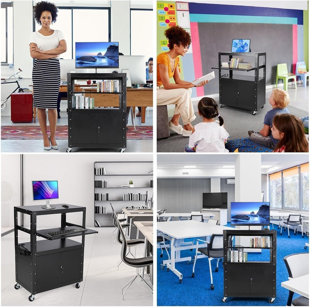 Adjustable Height Rolling AV Cart with Lockable Cabinet Mobile Stand for Office