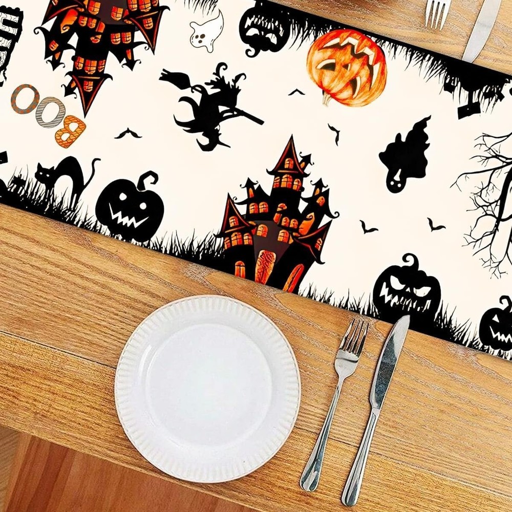 Halloween Haunted House Table Runner 13x72" Burlap Dining Table Décor with Ghost