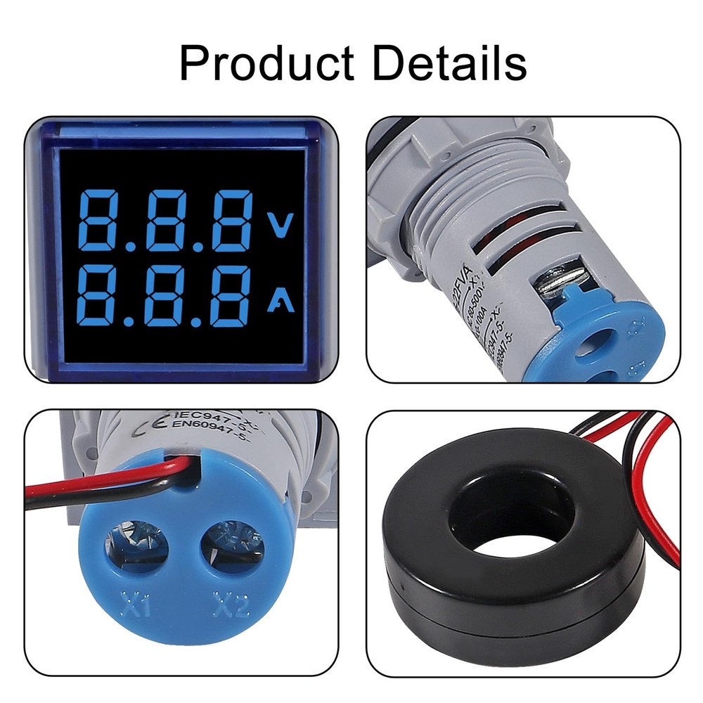 Blue LED Display Voltmeter Square Dual Display Voltmeter and Ammeter LED Digi...