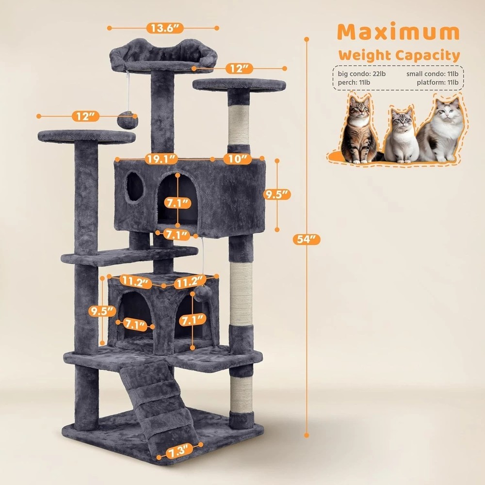 Durable 54in Cat Tree with Replaceable Balls and Spacious Hideaways for Felines