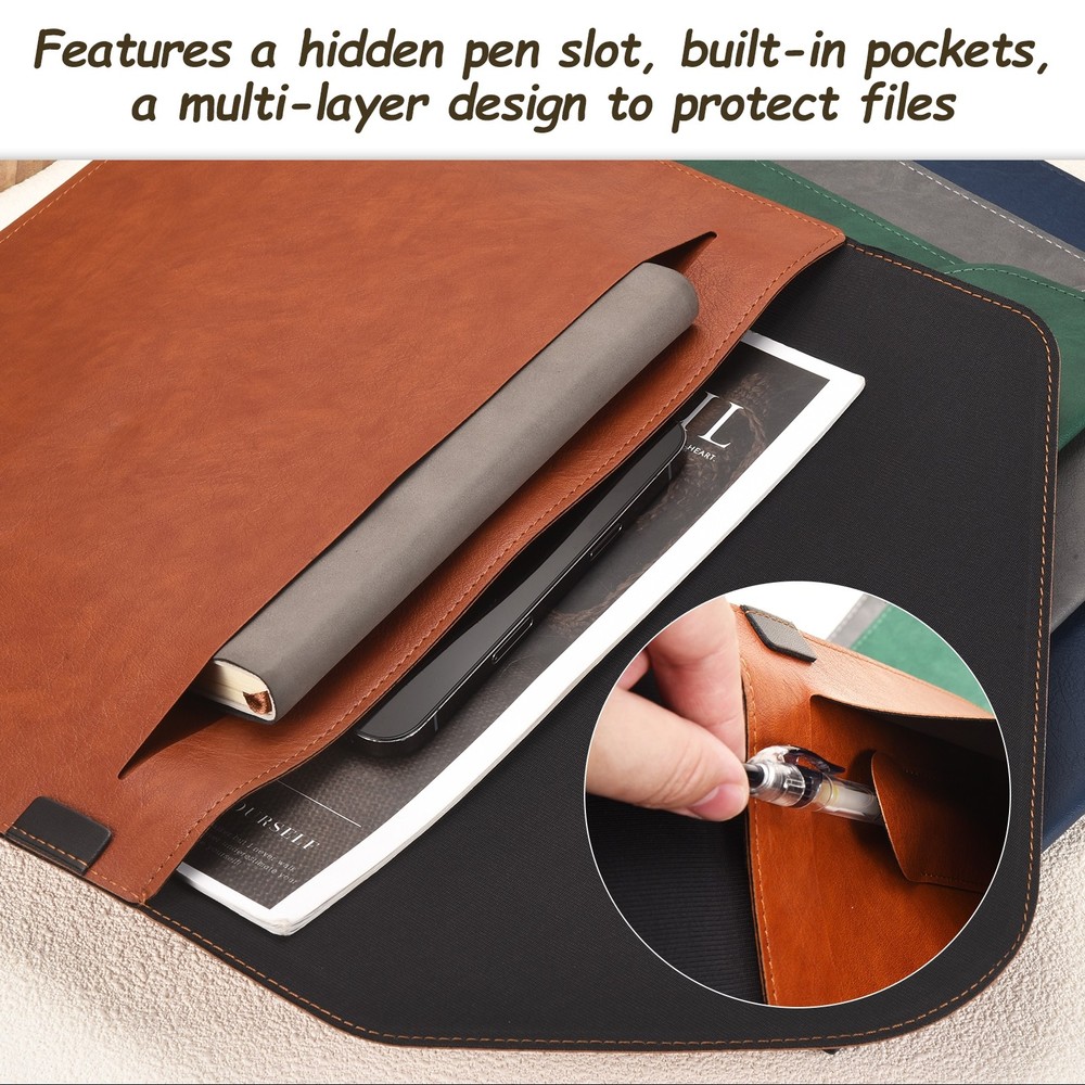 PU Leather A4 File Folder, Waterproof Envelope Holder with Handle, Blue