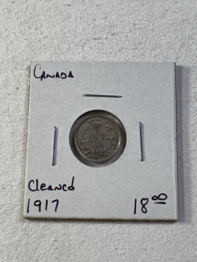 1917 Canada 5 Cents Small Silver Coin Cleaned