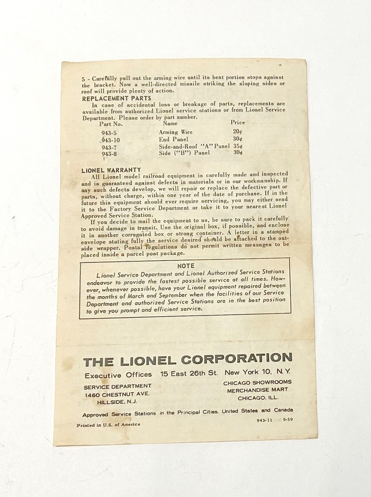 Postwar Lionel 943 Exploding Bunker INSTRUCTION SHEET C6
