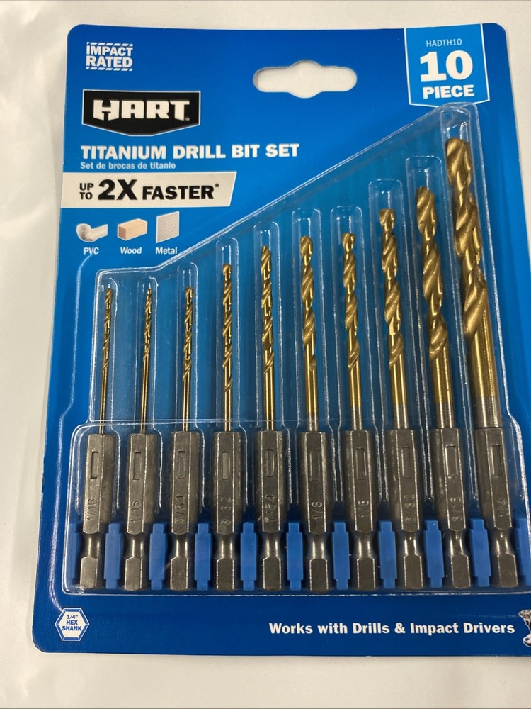 HART 10-PC Titanium Drill Bit Set 135° Split Point Tip & 1/4" Hex Shank- New