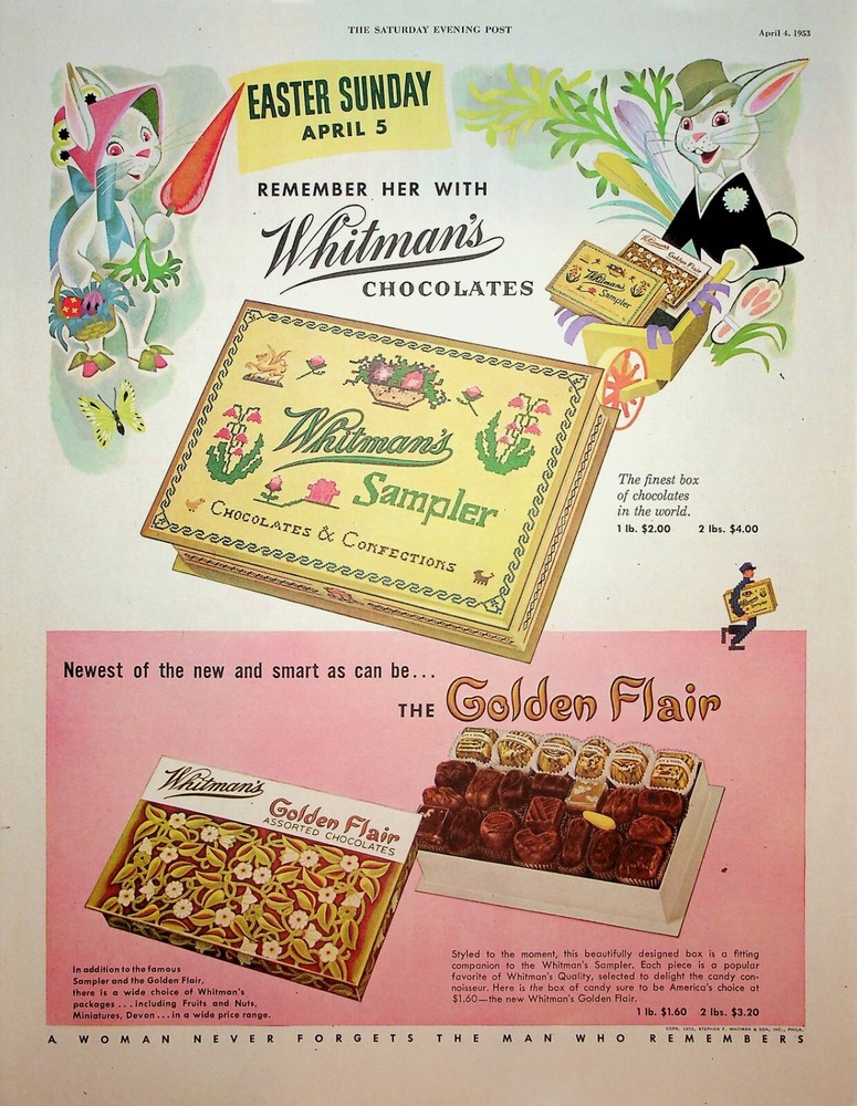 Original 1953 Whitman's Sampler Ad: Easter Bunny; Easter Sunday