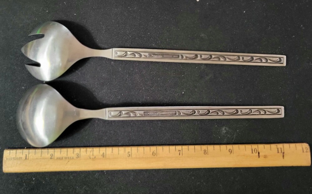 Vintage ONEIDA MCM Stainless Salad Spoon & Fork Serving Set Japan Scroll Pattern