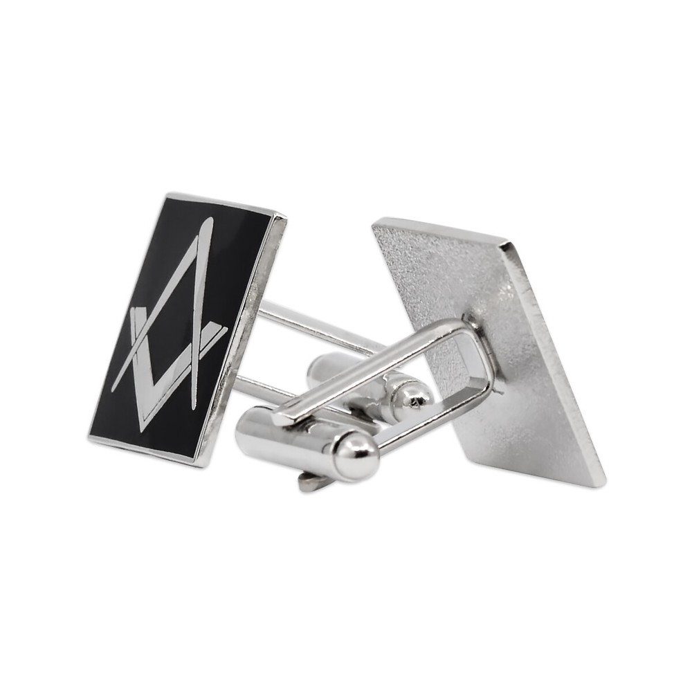Square & Compass Square Masonic Cuff Link Pair - [Black & Silver][3/4'' Square]