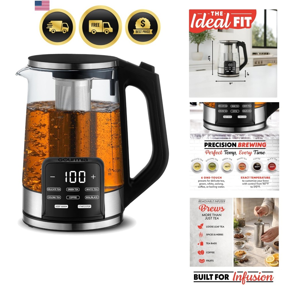 Electric Glass Kettle – 1.7L Programmable Tea & Coffee Brewer with Digital To...