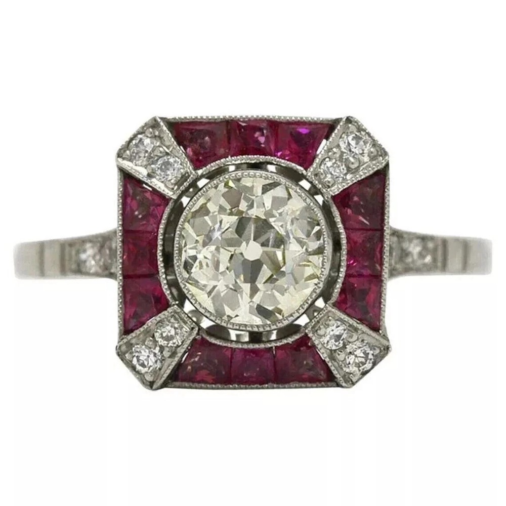Art Deco Style Lab Created Diamond & Ruby 14k White Gold FN Engagement Gift Ring