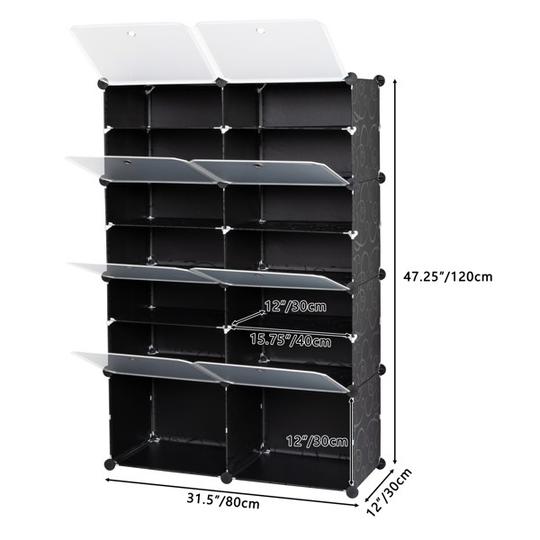 2 Rows, 7 Layers, 14 Compartments, Semi Transparent Doors, Black Patterned Body