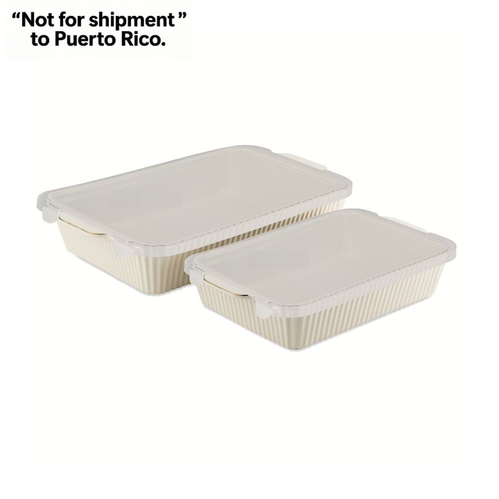 4-Piece Stoneware Casserole Dish Bakeware Set, Includes Lids, White Ribbed